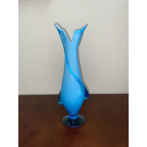 MCM BLUE WHITE DOUBLE CASED ART GLASS VASE 14.25” Tall
